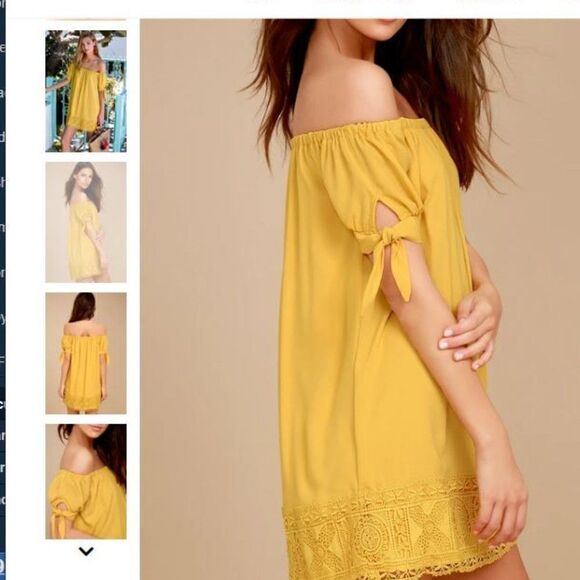 LULU'S Moment in the Sun Yellow Lace Hem Off the Shoulder Dress Size Medium - Picture 7 of 8